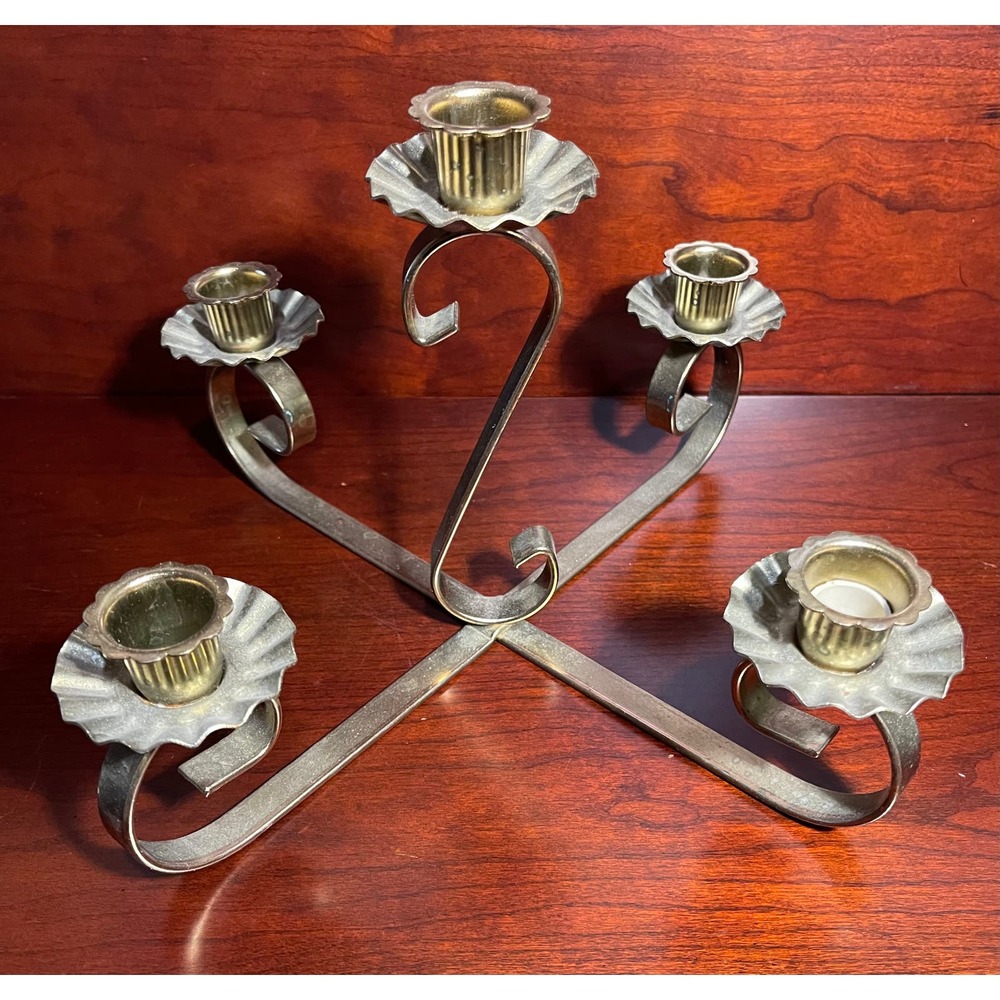Vintage Ornate Daisy Brass Candelabra Candlestick Holder Centerpiece MCM Decor